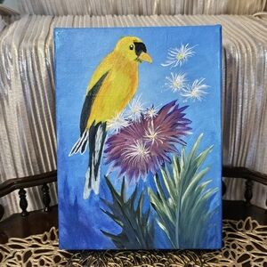 Vintage Painting of Yellow Bird on Flowers Wall Art, Home Decor